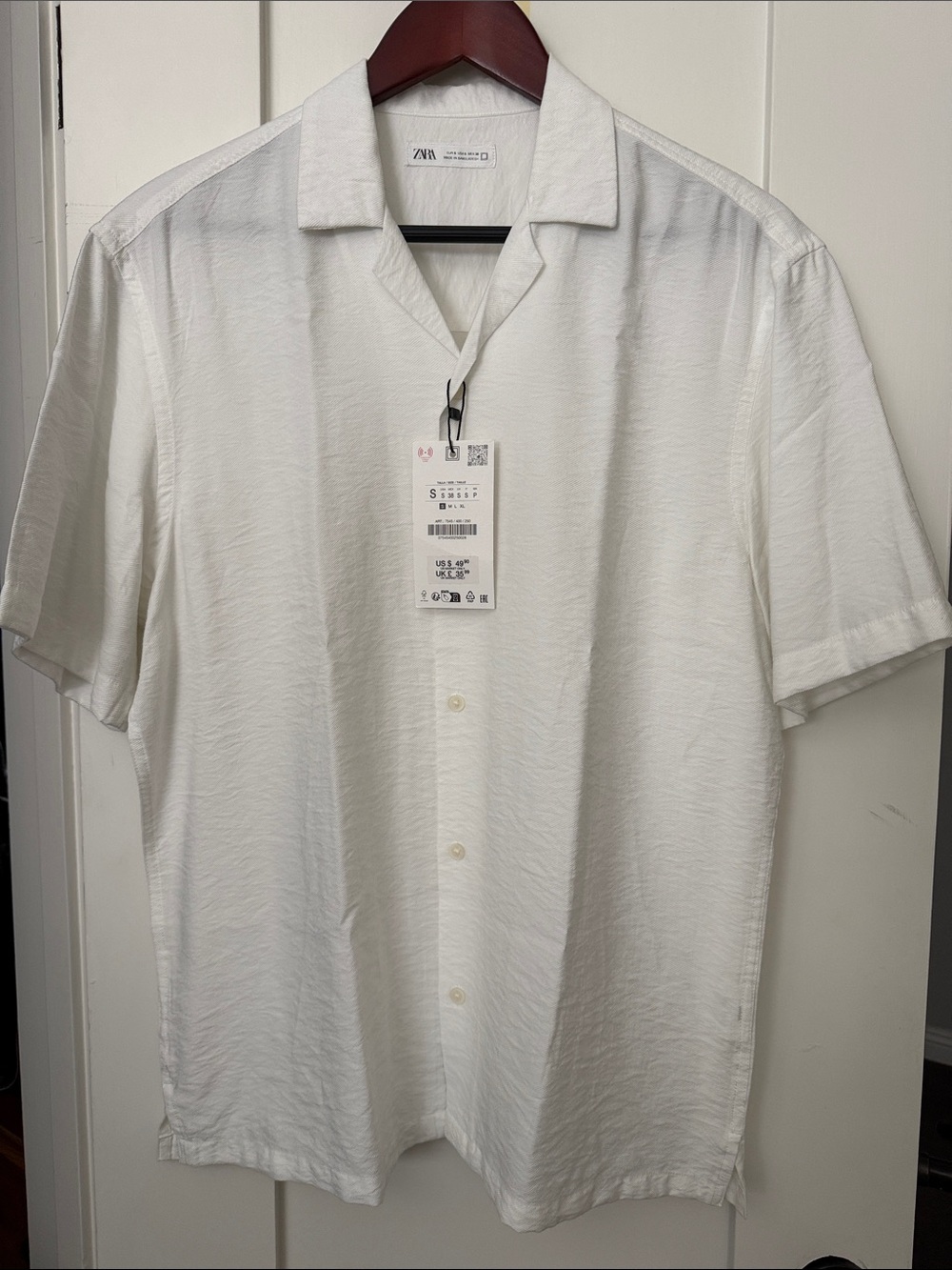 Zara White Mens Short-Sleeve Casual Button-Down Shirt size S